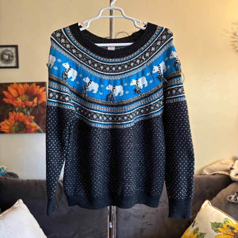 Fair Isle Polar Bear Parade Sparkle Thread Sweater Plus Size 1X